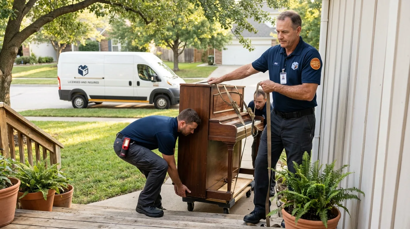 Licensed piano movers securing grand piano in Hartsdale, NY
