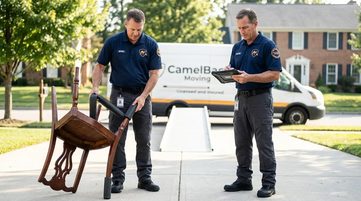 Movers inspecting furniture for damage prevention before loading in Hartsdale, NY