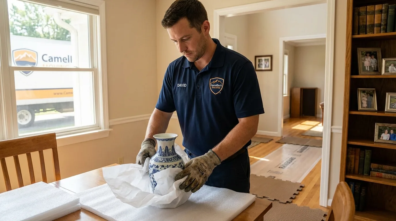 Professional crew carefully wrapping antique vase for senior downsizing move in Hartsdale, NY